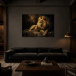Resting Golden Lion Black & Gold Wall Art Canvas Print shown in a warm modern interior