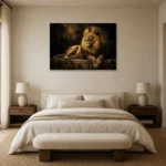 Resting Golden Lion Black & Gold Wall Art Canvas Print showcased in an elegant minimalist interior