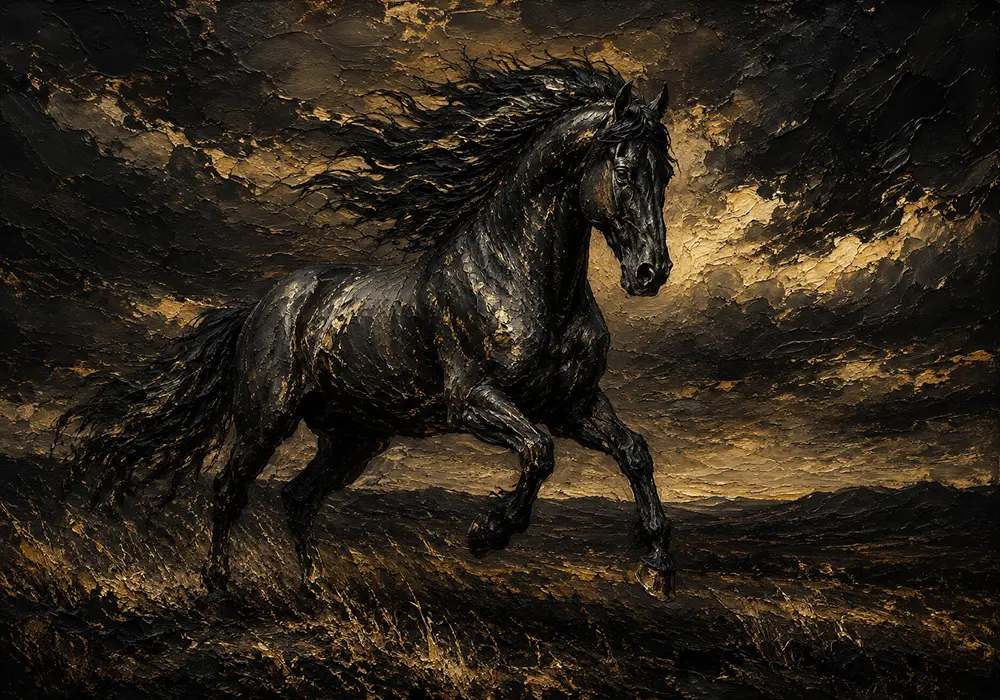 Galloping Black Horse Black & Gold Wall Art Canvas Print