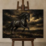 Galloping Black Horse Black & Gold Wall Art Canvas Print displayed on a studio easel