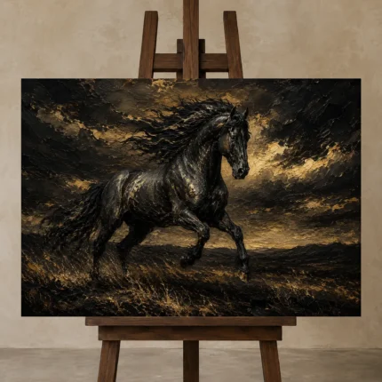 Galloping Black Horse Black & Gold Wall Art Canvas Print shown in Studio Easel
