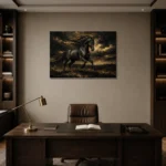 Galloping Black Horse Black & Gold Wall Art Canvas Print displayed in a contemporary gallery-inspired room
