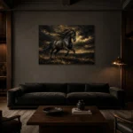 Galloping Black Horse Black & Gold Wall Art Canvas Print shown in a warm modern interior