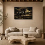 Galloping Black Horse Black & Gold Wall Art Canvas Print presented in a sophisticated home setting