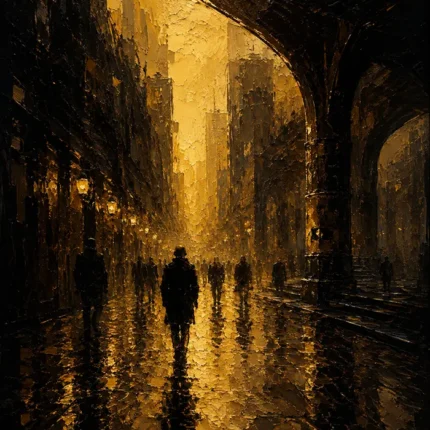 Rainlit City Arcade Black & Gold Wall Art Canvas Print