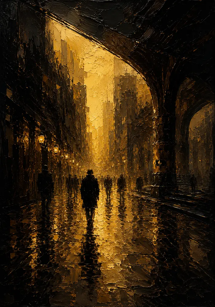 Rainlit City Arcade Black & Gold Wall Art Canvas Print