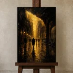 Rainlit City Arcade Black & Gold Wall Art Canvas Print displayed on a studio easel