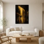 Rainlit City Arcade Black & Gold Wall Art Canvas Print styled in a refined neutral interior