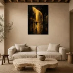 Rainlit City Arcade Black & Gold Wall Art Canvas Print presented in a sophisticated home setting