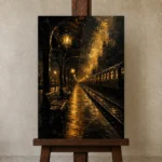 Midnight Rail Station Black & Gold Wall Art Canvas Print displayed on a studio easel