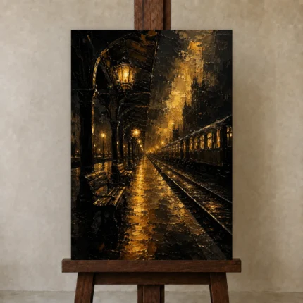 Midnight Rail Station Black & Gold Wall Art Canvas Print shown in Studio Easel