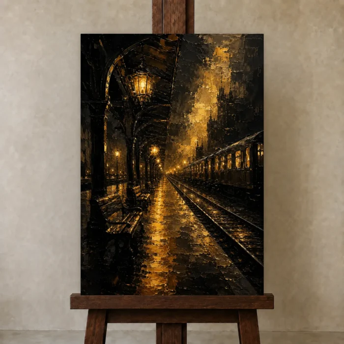 Midnight Rail Station Black & Gold Wall Art Canvas Print displayed on a studio easel