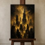 Golden Metropolis Skyline Black & Gold Wall Art Canvas Print displayed on a studio easel