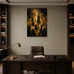 Golden Metropolis Skyline Black & Gold Wall Art Canvas Print displayed in a contemporary gallery-inspired room