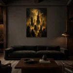Golden Metropolis Skyline Black & Gold Wall Art Canvas Print shown in a warm modern interior