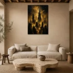 Golden Metropolis Skyline Black & Gold Wall Art Canvas Print presented in a sophisticated home setting