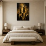 Golden Metropolis Skyline Black & Gold Wall Art Canvas Print showcased in an elegant minimalist interior