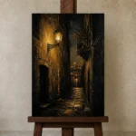 Lantern Alley Black & Gold Wall Art Canvas Print displayed on a studio easel