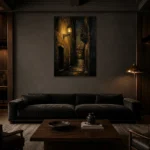 Lantern Alley Black & Gold Wall Art Canvas Print shown in a warm modern interior