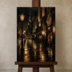 Art Deco Boulevard Black & Gold Wall Art Canvas Print displayed on a studio easel