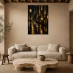 Art Deco Boulevard Black & Gold Wall Art Canvas Print presented in a sophisticated home setting
