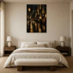Art Deco Boulevard Black & Gold Wall Art Canvas Print showcased in an elegant minimalist interior
