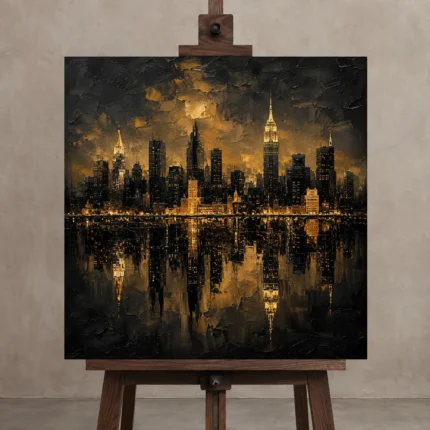 Reflected Skyline Black & Gold Wall Art Canvas Print displayed on a studio easel