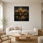 Reflected Skyline Black & Gold Wall Art Canvas Print styled in a refined neutral interior