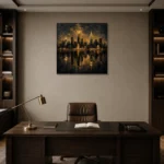 Reflected Skyline Black & Gold Wall Art Canvas Print displayed in a contemporary gallery-inspired room