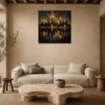 Reflected Skyline Black & Gold Wall Art Canvas Print presented in a sophisticated home setting