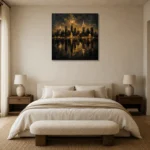Reflected Skyline Black & Gold Wall Art Canvas Print showcased in an elegant minimalist interior