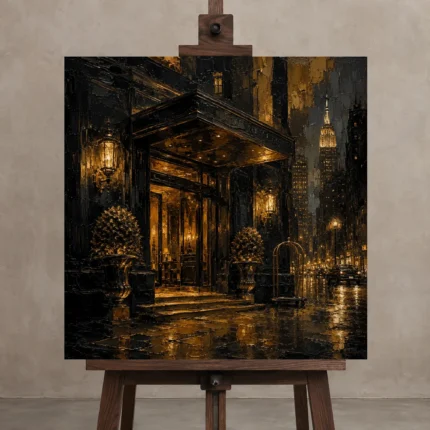 Noir Hotel Entrance Black & Gold Wall Art Canvas Print displayed on a studio easel