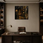 Noir Hotel Entrance Black & Gold Wall Art Canvas Print displayed in a contemporary gallery-inspired room