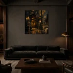 Noir Hotel Entrance Black & Gold Wall Art Canvas Print shown in a warm modern interior