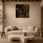 Noir Hotel Entrance Black & Gold Wall Art Canvas Print presented in a sophisticated home setting