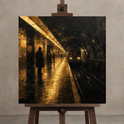 Underground Platform Black & Gold Wall Art Canvas Print displayed on a studio easel