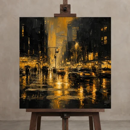 Rainy Midtown Crossing Black & Gold Wall Art Canvas Print displayed on a studio easel