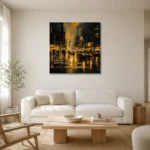 Rainy Midtown Crossing Black & Gold Wall Art Canvas Print styled in a refined neutral interior