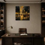 Rainy Midtown Crossing Black & Gold Wall Art Canvas Print displayed in a contemporary gallery-inspired room
