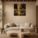 Rainy Midtown Crossing Black & Gold Wall Art Canvas Print presented in a sophisticated home setting