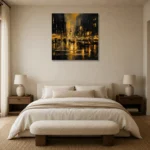 Rainy Midtown Crossing Black & Gold Wall Art Canvas Print showcased in an elegant minimalist interior