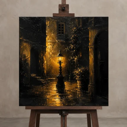 Courtyard Lantern Black & Gold Wall Art Canvas Print shown in Studio Easel