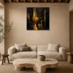 Courtyard Lantern Black & Gold Wall Art Canvas Print presented in a sophisticated home setting