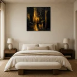 Courtyard Lantern Black & Gold Wall Art Canvas Print showcased in an elegant minimalist interior