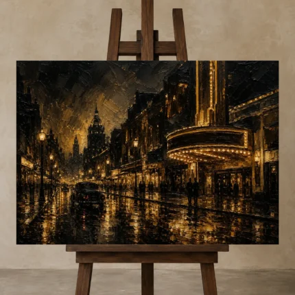 Theater Marquee Boulevard Black & Gold Wall Art Canvas Print displayed on a studio easel