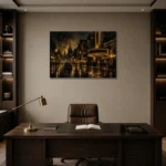 Theater Marquee Boulevard Black & Gold Wall Art Canvas Print displayed in a contemporary gallery-inspired room