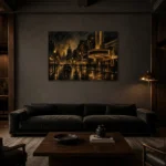 Theater Marquee Boulevard Black & Gold Wall Art Canvas Print shown in a warm modern interior