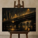 Midnight Overpass Black & Gold Wall Art Canvas Print displayed on a studio easel