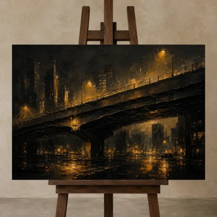 Midnight Overpass Black & Gold Wall Art Canvas Print displayed on a studio easel