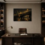 Midnight Overpass Black & Gold Wall Art Canvas Print displayed in a contemporary gallery-inspired room